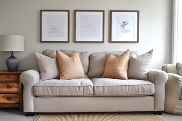 Beige sofa with three framed prints and pillows in a living room.