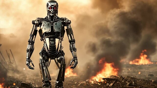A menacing, metallic terminator robot stands in a burning and destroyed apocalyptic wasteland environment.