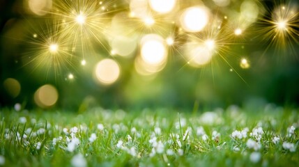 Obraz premium Sparkling lights over grassy field, bokeh background, nature scene, website banner