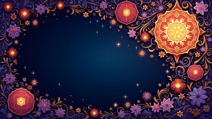 Intricate floral frame with eastern decorative elements on dark backdrop