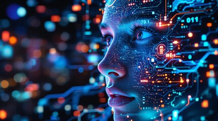 A digital human head with binary code signifies technology's data exchange, technology background