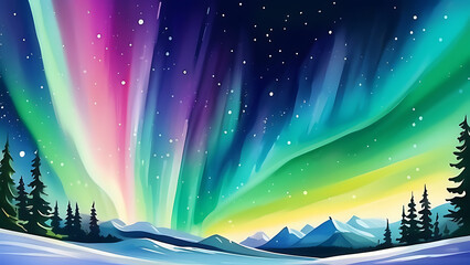 Naklejka premium Vibrant Aurora Borealis Painting Over Snow Covered Mountains and Trees