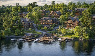 Fototapeta premium Lakeside luxury homes with private docks, boats, forest view, ideal for vacation rentals