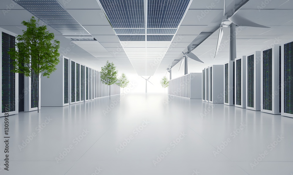 Poster futuristic energy-efficient data center design showcasing advanced technology and sustainability.
