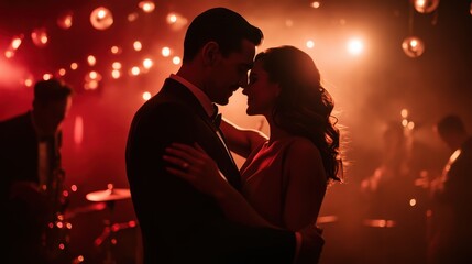 A couple shares an intimate dance under soft, romantic lights, creating a warm, enchanting atmosphere filled with love and connection.