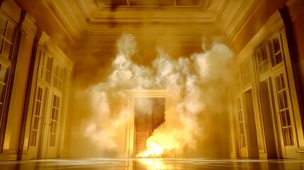 Mysterious Smoke Filled Mansion Interior with Glowing Fire