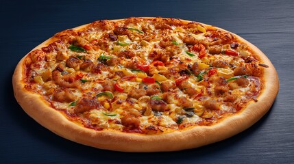 Pizza with chicken and vegetables, tasty, fresh, with a dark blue backdrop
