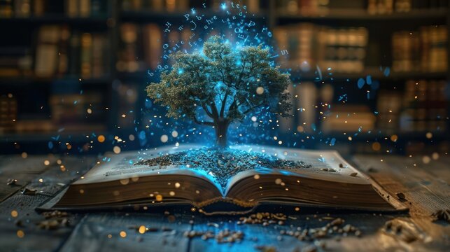 Magical tree sprouting from open book, library background, glowing particles