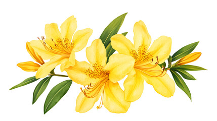 Three yellow flowers with green leaves are arranged in a row