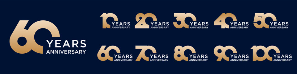 collection anniversary 10 to 100 year logo designs. abstract number for celebration event, wedding, greeting card, and invitation, vector illustration