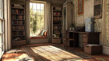 Cozy corner home office with a soft rug, desk with storage, and a relaxing reading nook in the background