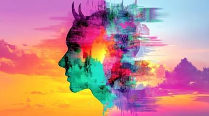 Vibrant abstract portrait against a colorful sunset. Glitch art effect.