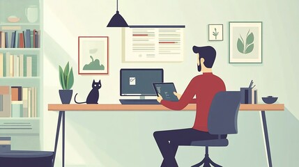 Modern workspace illustration featuring a man working from home with a cat