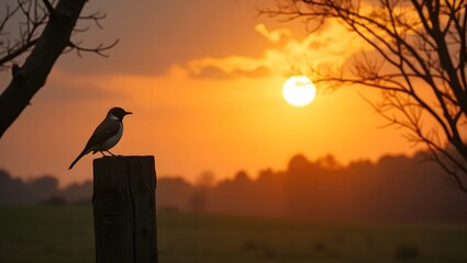 Small Bird on Wooden Post at Sunset