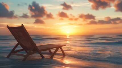 Wooden lounge chair on the beach with sunset and ocean waves in soft focus