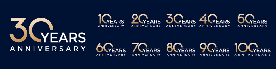 collection anniversary 10 to 100 year logo designs. abstract number for celebration event, wedding, greeting card, and invitation, vector illustration