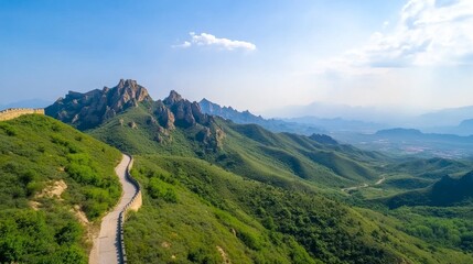 Mountainous landscape, Great Wall of China, scenic vista, high angle