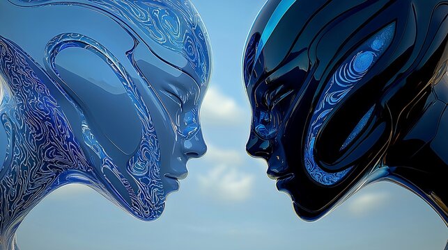 Futuristic Alien Faces in Sky