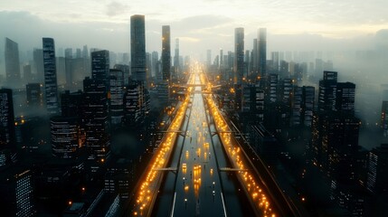 Fototapeta premium Futuristic Cityscape Illuminated Highway Skyscrapers Smart City at Night