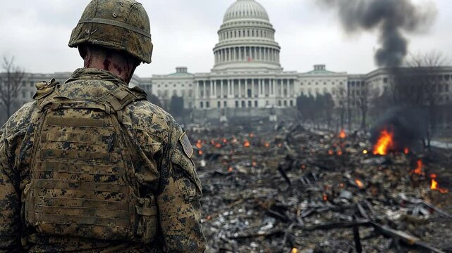 A weary soldier stands amidst the ruins of Washington D.C., with a weathered Capitol building in the background.