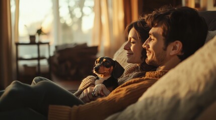 Fototapeta na wymiar Couple relaxing on couch with dog at sunset