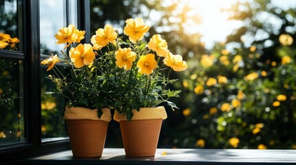 Obraz premium Sunny Window Seat with Yellow Flowers in Terracotta Pots