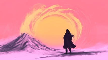 Obraz premium Silhouette of a person gazing at a vibrant sunset over a mountain, painted in soft pinks and oranges.
