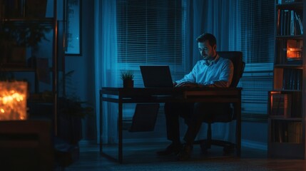 Man working late at night on laptop in home office