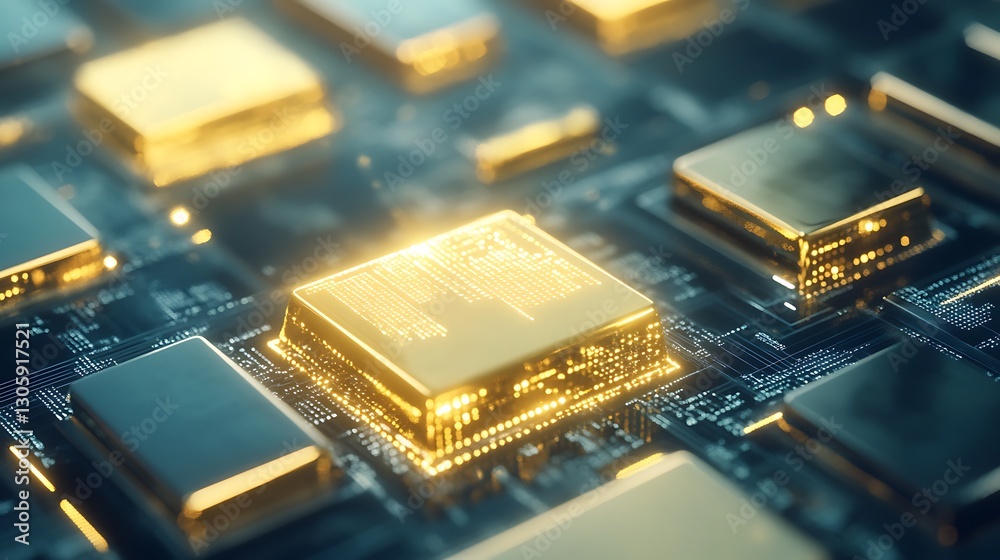 Poster futuristic gold trading market concept with glowing digital elements in a stock image.