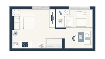 Fototapeta premium Functional studio apartment layout with a living area, compact kitchen, and a separate sleeping nook to optimize space usage