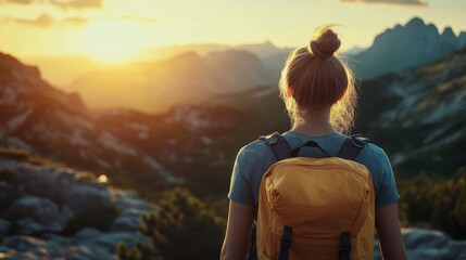 Fototapeta premium Woman backpacker at sunset mountain view