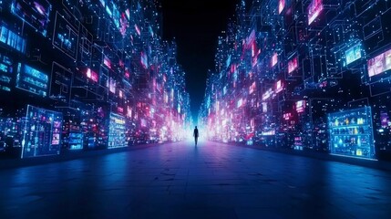Obraz premium Futuristic Cityscape Person Walking Through Neon Digital Mall