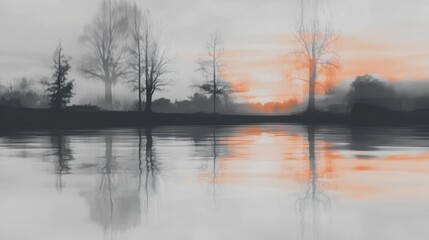 Fototapeta premium Serene sunset over a tranquil lake, silhouetted trees reflected in the still water. A peaceful, misty evening scene.