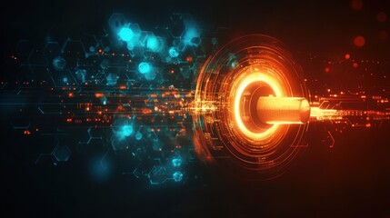 Fototapeta premium Cybersecurity visualization with encrypted key symbols and a glowing digital padlock, abstract tech background.