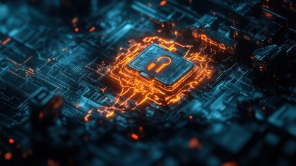 Cybersecurity visualization with encrypted key symbols and a glowing digital padlock, abstract tech background.