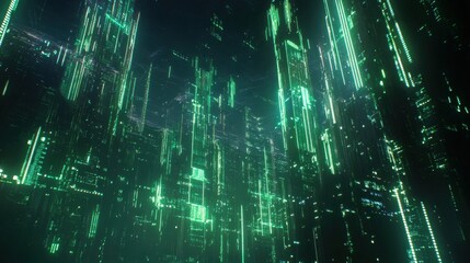 Dark futuristic background with bright green holographic data connections, representing artificial intelligence and global networking.