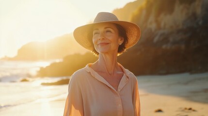 Woman in hat at sunset beach