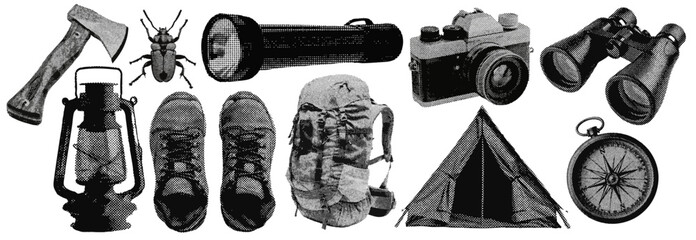 Set of outdoor camping and hiking halftone grunge vector design elements