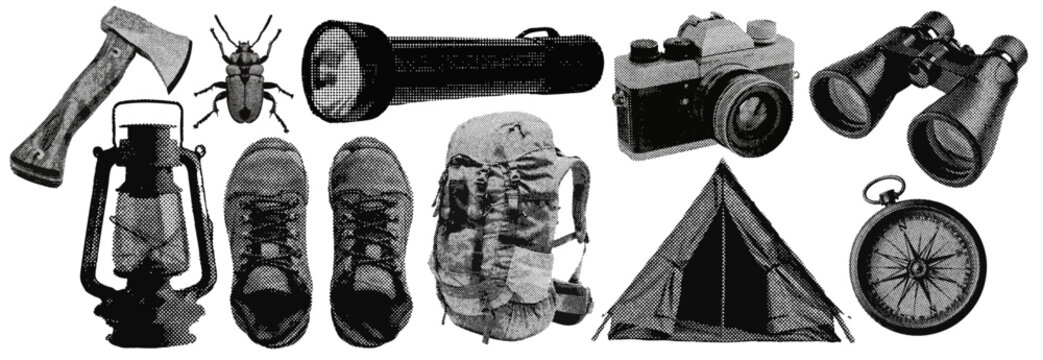 Set of outdoor camping and hiking halftone grunge vector design elements - Powered by Adobe