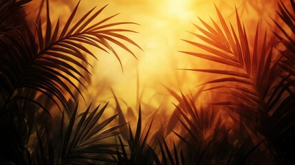 Obraz premium Inspirational Palm Sunday Reflection Featuring a Silhouette Cross Framed by Graceful Palm Leaves Against a Serene Meadow Sunset, Evoking Spiritual Tranquility