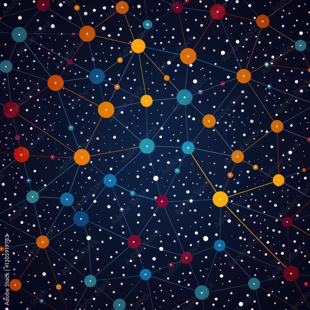 Poster abstract representation of non-locality in physics with colorful nodes and connections