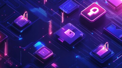 Digital security concept with multiple key icons and floating password fields, high-tech interface.