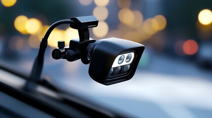 Obraz premium Close-up View of Modern Dashboard Camera Mounted on Car Window with Blurred City Background at Dusk