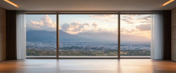 A large floor-to-ceiling window with a balcony overlooking the city, with clouds and mountains in the distance, a clean background