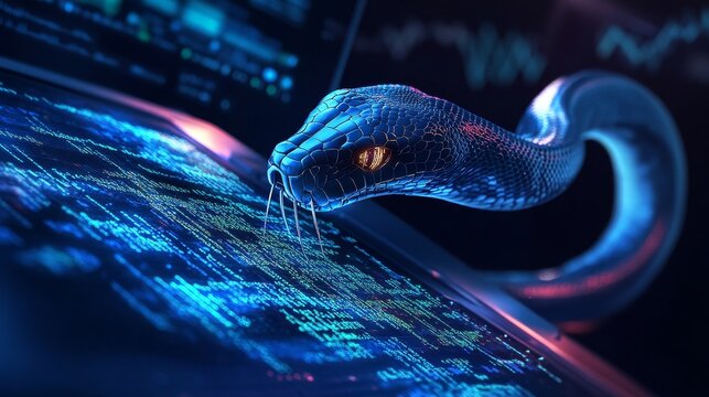 A huge alive python snake python code with a digital snake out of the laptop screen, programming,  representing the programming training data engineering 