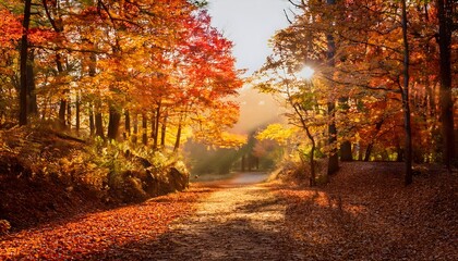 Obraz premium Golden Autumn Pathway Through a Sunlit Forest, Sunlit Forest Pathway Dressed in Fiery Autumn Hues, Tranquil Walkway Amidst Vibrant Autumn Foliage.