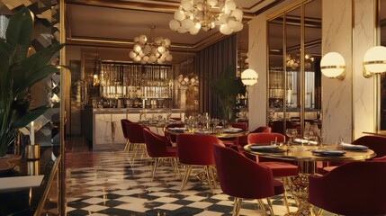 Fototapeta premium Glamorous dining room with mirrored furniture, velvet chairs, and statement chandeliers to create an upscale vibe