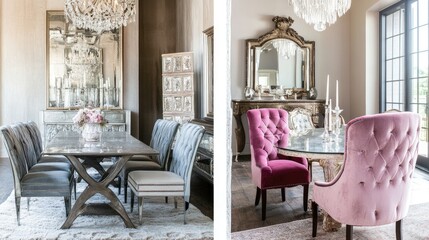 Glamorous dining room with mirrored furniture, velvet chairs, and statement chandeliers to create an upscale vibe