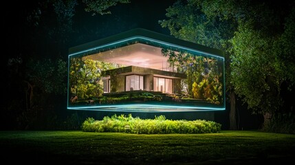 Obraz premium Futuristic Smart Home Hologram Night Scene Modern Architecture Green Landscape