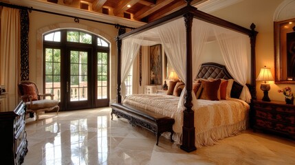 Grand bedroom featuring a canopy bed, marble flooring, and custom lighting for a high-end aesthetic
